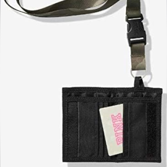 VS VICTORIAS SECRET PINK KEYCHAIN MESH POCKET LANYARD WALLET BLACK WITH CAMO - Picture 2 of 4
